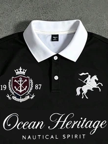 STYNVO 男士字母騎士印花休閒日常長袖 Polo 衫 - 黑色 - 查看 3