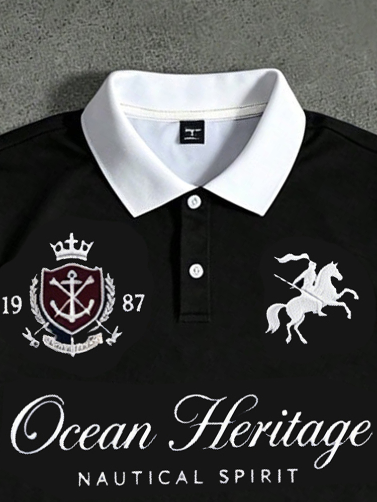 STYNVO Men's Letter Knight Print Casual Daily Long Sleeve Polo Shirt - Black - View 3