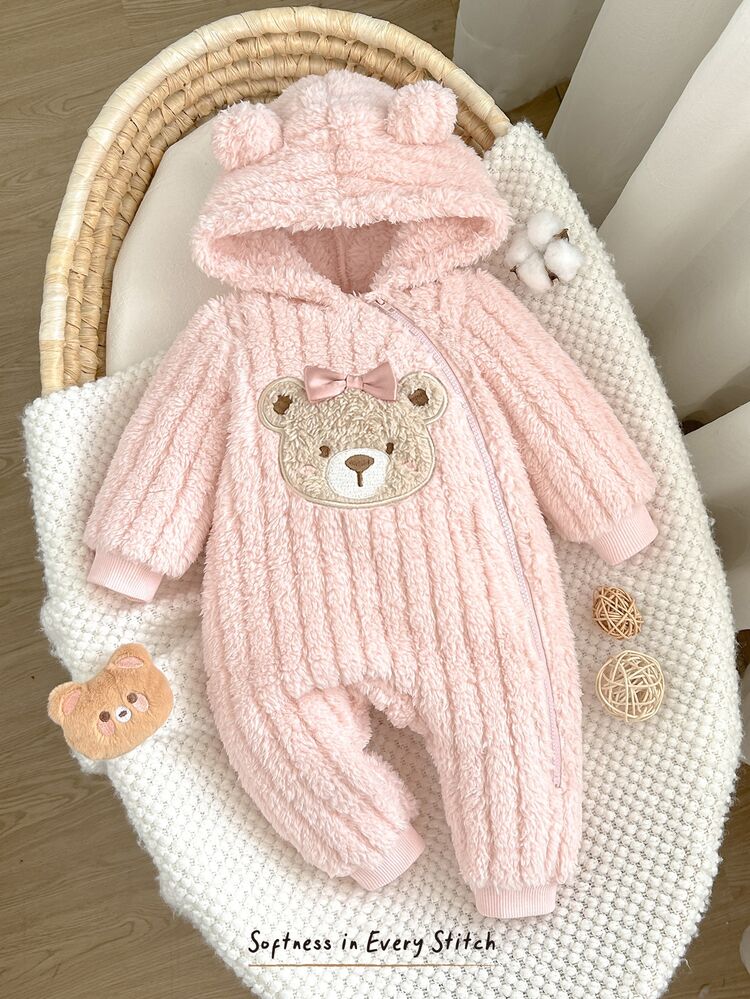 SHEIN Newborn Baby Applique Embroidery Zipper Comfortable Hooded Loungewear Romper - Pink - View 4
