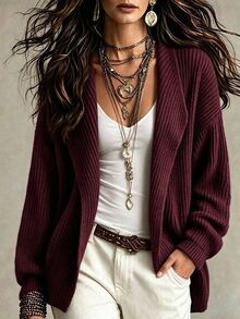 SHEIN Waterfall Collar Drop Shoulder Cardigan - Burgundy - View 4