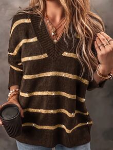 SHEIN Fall Daily Style V Neck Two Tone Stripe Drop Shoulder Knit Top - Coffee Brown - View 7