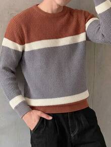 TONEVAULT Áo len nam kiểu Mỹ casual phối màu kẻ sọc, phong cách Old Money retro patchwork, dáng rộng, cổ tròn, tay dài, dệt kim chui đầu, mặc đi làm và thường ngày mùa thu/đông - Nhiều màu - Xem 6