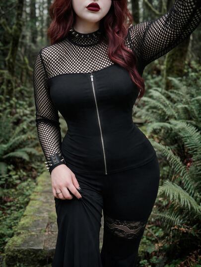 Whyspr Casual Elegant Minimalist Mesh Fishnet Patchwork Sexy Punk Grunge Dark Zipper Crew Neck Long Sleeve Slim Fit Autumn Winter Halloween Plus Size Women's T-Shirt