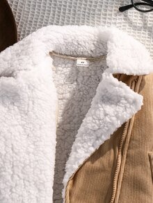 SHEIN 女童秋冬新款大領休閒拼接抓絨與燈芯絨複合保暖短夾克，適合外出、街拍、返校、日常百搭穿搭 - 卡其色 - 查看 8