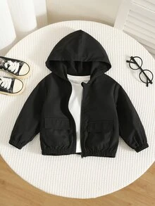 SHEIN 男嬰秋冬純色百搭舒適連帽長袖黑色夾克外套 嬰兒連帽夾克 - 彩色 - 查看 3