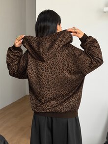Coolane 女款秋冬外出派對電音節性感街頭風 Y2K 時尚棕色豹紋拉鍊連帽寬鬆口袋衛衣 秋季服飾 - 棕色 - 查看 7