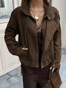 DAZY Women's Zipper Casual Versatile Daily Denim Jacket - Brown - View 4
