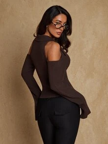 Glamine Women's Solid Color Casual Versatile Daily Wear Knitted Top - Coffee Brown - View 2