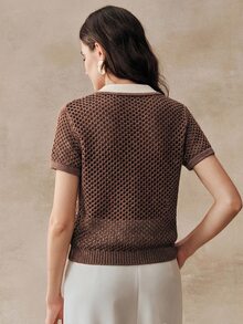 Anewsta 女款春夏拼色亞麻鏤空針織 Polo 衫，復古翻領短袖上衣 - 鏽棕色 - 查看 4