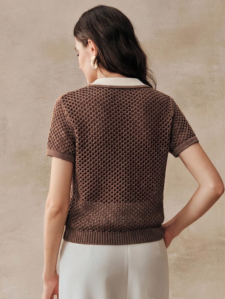 Anewsta Women's Spring/Summer Colorblock Linen Hollow Knit Polo Shirt, Vintage Lapel Short Sleeve Top - Rust Brown - View 4