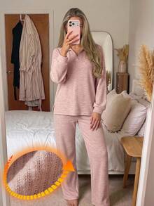 DAZY Autumn/Winter Simple Knit Women's Pajama Set For Home - Pink - View 4