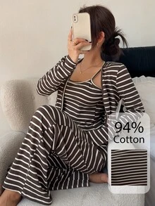 Napfluff Women's Cotton Striped Sexy Pajama Set, Camisole Casual Loungewear 3 Pieces Set - Chocolate Brown - View 8