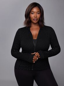 Voyena Women's Plus Size Polka Dot Long Sleeve Zipper Front Sports Jacket - Black - View 1