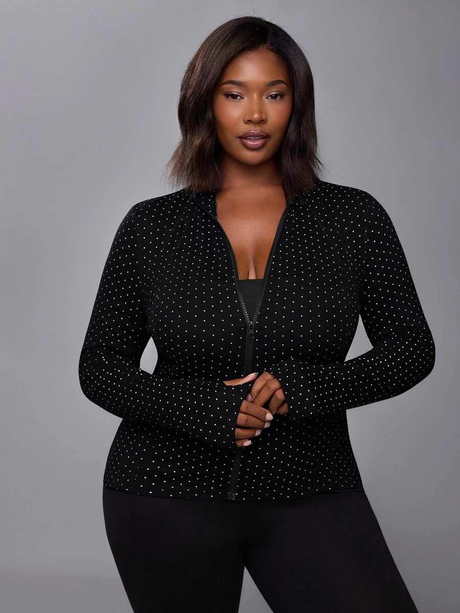 Voyena Women's Plus Size Polka Dot Long Sleeve Zipper Front Sports Jacket - Black - View 1