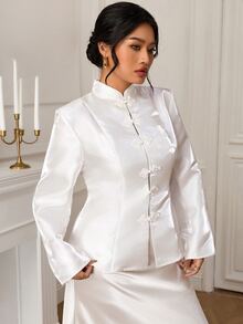 EastFlair Plus Size Women's Elegant Blazer Jacket With Frog Button Placket And Long Sleeves - White - View 1