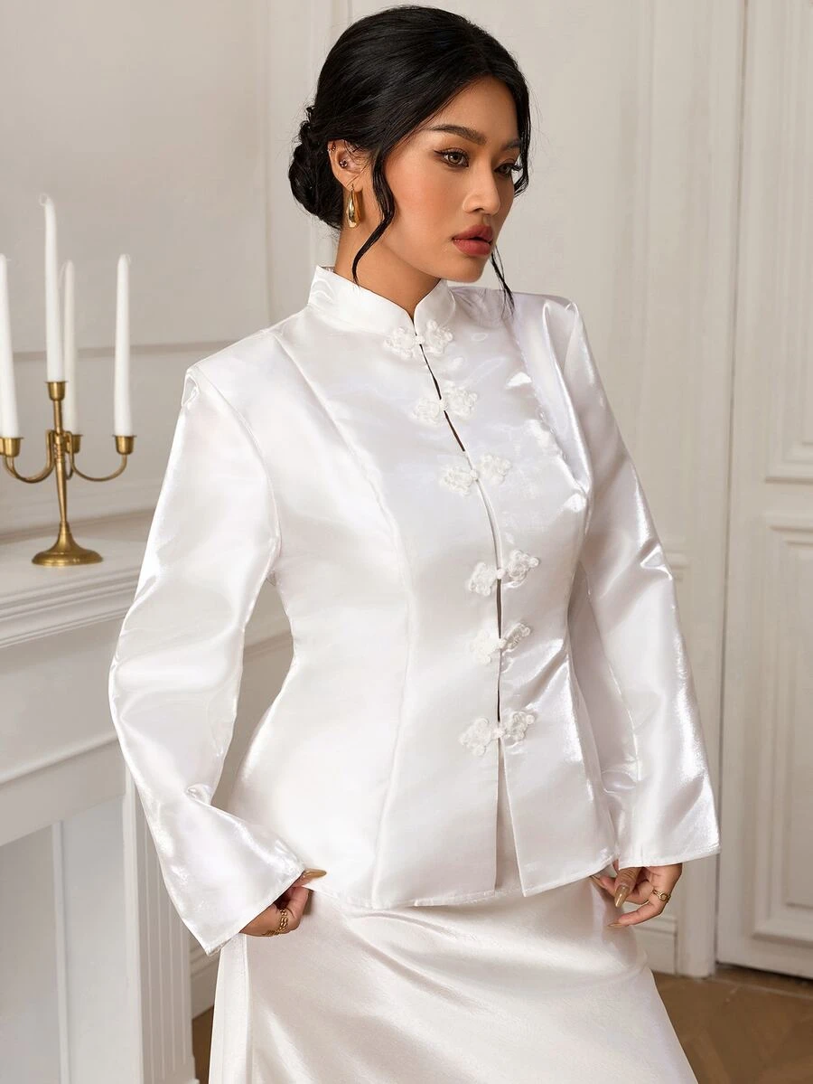EastFlair Plus Size Women's Elegant Blazer Jacket With Frog Button Placket And Long Sleeves - White - View 1