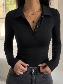 DAZY 女款領口短袖修身內搭性感休閒套頭街頭風T恤 - 黑色 - 查看 5