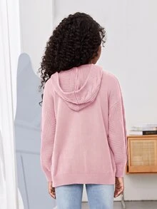 SHEIN 青少年女孩麻花編織落肩長袖單排扣休閒連帽開襟衫 - 粉色 - 查看 2