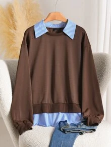 CosyJoli Women's Colorblock Casual Versatile Everyday Long Sleeve Sweatshirt - Brown - View 3