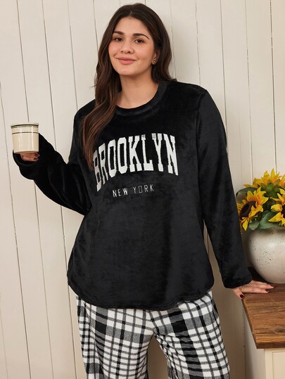 Doze Lane Casual Plush Plaid Print Letter Embroidered Plus Size Long Pajama Set
