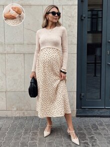 SHEIN 孕婦綠色長袖圓領休閒百搭洋裝，秋季女裝穿搭 - 杏色 - 查看 3