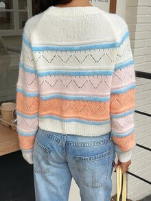 Dulcita Women's Colorblock Round Neck Raglan Long Sleeve Casual Sweater - Multicolor - View 2
