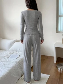 DAZY 2pcs/Set Women's Lace Patchwork Slim Fit Long Sleeve T-Shirt & Straight Leg Long Pajama Pants Sleepwear Set - Grey - View 2