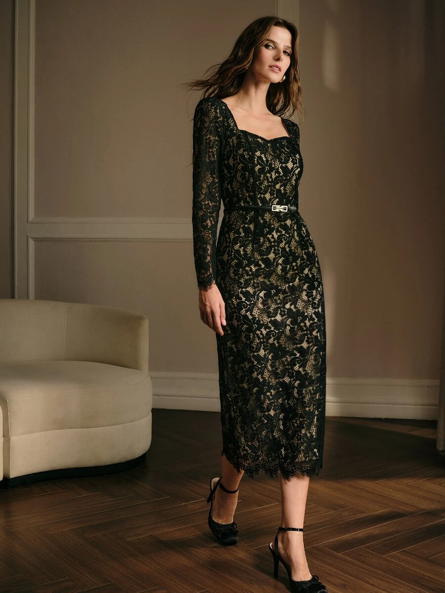 MOTF WOMEN'S SWEETHEART NECKLINE LONG SLEEVE ELEGANT LACE MIDI DRESS - Black - View 1