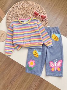 SHEIN 新生兒條紋長袖上衣與長褲休閒日常套裝 - 彩色 - 查看 8
