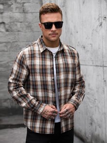 Manfinity CasualCool 男士格紋長袖單排扣休閒街頭風襯衫，感恩節度假外出秋季穿搭 - 彩色 - 查看 6