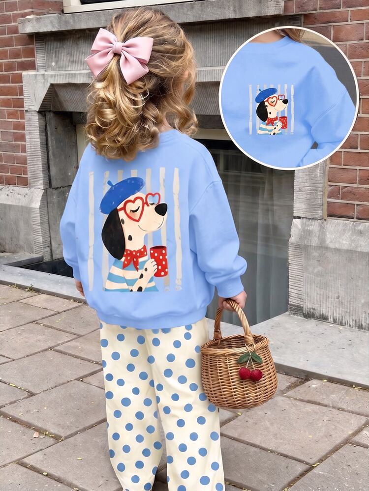 Young Girl Casual Loose Drop Shoulder Long Sleeve Sweatshirt & Pleated Wide Leg Sweatpants Set With Fleece Lining - Multicolor - View 1