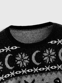 ROMWE Sweater Pullover Ukuran Besar Serbaguna Gaya Gothic Gelap Motif Kucing Hitam Misterius untuk Wanita, Musim Gugur/Musim Dingin - Hitam - View 3