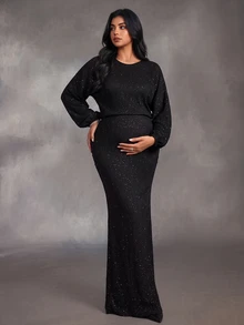Cheriluna Maternity فستان أسود من قماش منسوج بمقاس كبير للحوامل، أنيق بأكمام فانوس وياقة دائرية وقصة ضيقة مع ذيل سمكة - الأسود - مشاهدة 1
