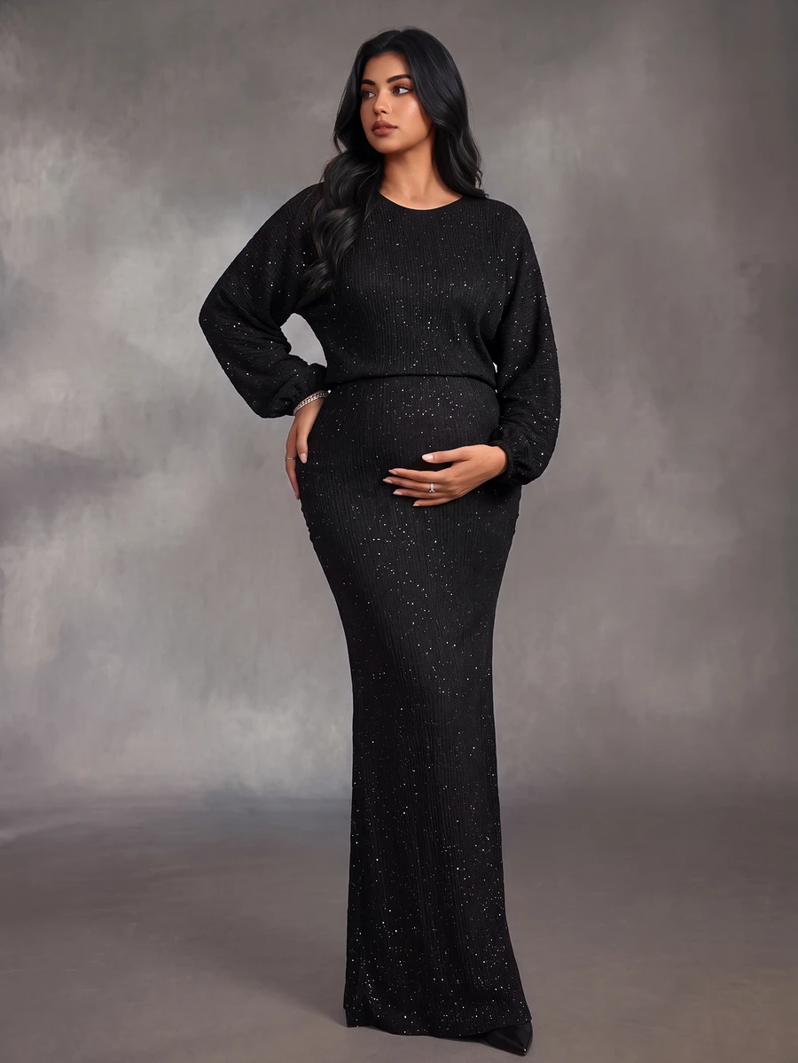 Cheriluna Maternity فستان أسود من قماش منسوج بمقاس كبير للحوامل، أنيق بأكمام فانوس وياقة دائرية وقصة ضيقة مع ذيل سمكة - الأسود - مشاهدة 1