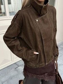 DAZY Women's Zipper Casual Versatile Daily Denim Jacket - Brown - View 2
