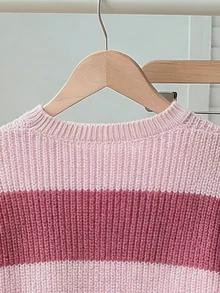 SHEIN 女童針織毛衣，青少年女孩圓領卡其色與咖啡色條紋套頭毛衣，設計感針織毛衣，柔軟針織，簡約內搭層，適合秋冬，休閒長袖上衣，適用於外出、派對、拍照與玩耍 - 彩色 - 查看 4