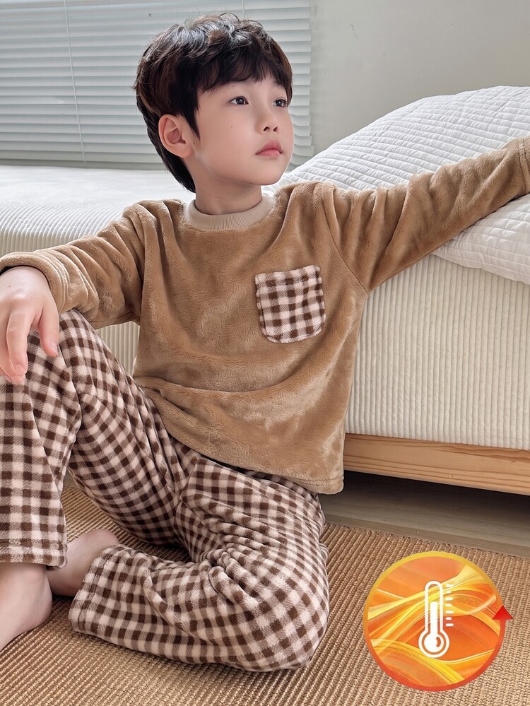 Genkimix Kids Boys Gray Plush Plaid Long Sleeve & Long Pants Casual Comfortable 2 Pieces Loungewear Set - Khaki - View 7
