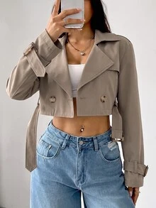 SHEIN EZwear 女款缺口領鈕扣前襟長袖短款風衣，適合秋冬日常休閒穿著 - 卡其色 - 查看 1