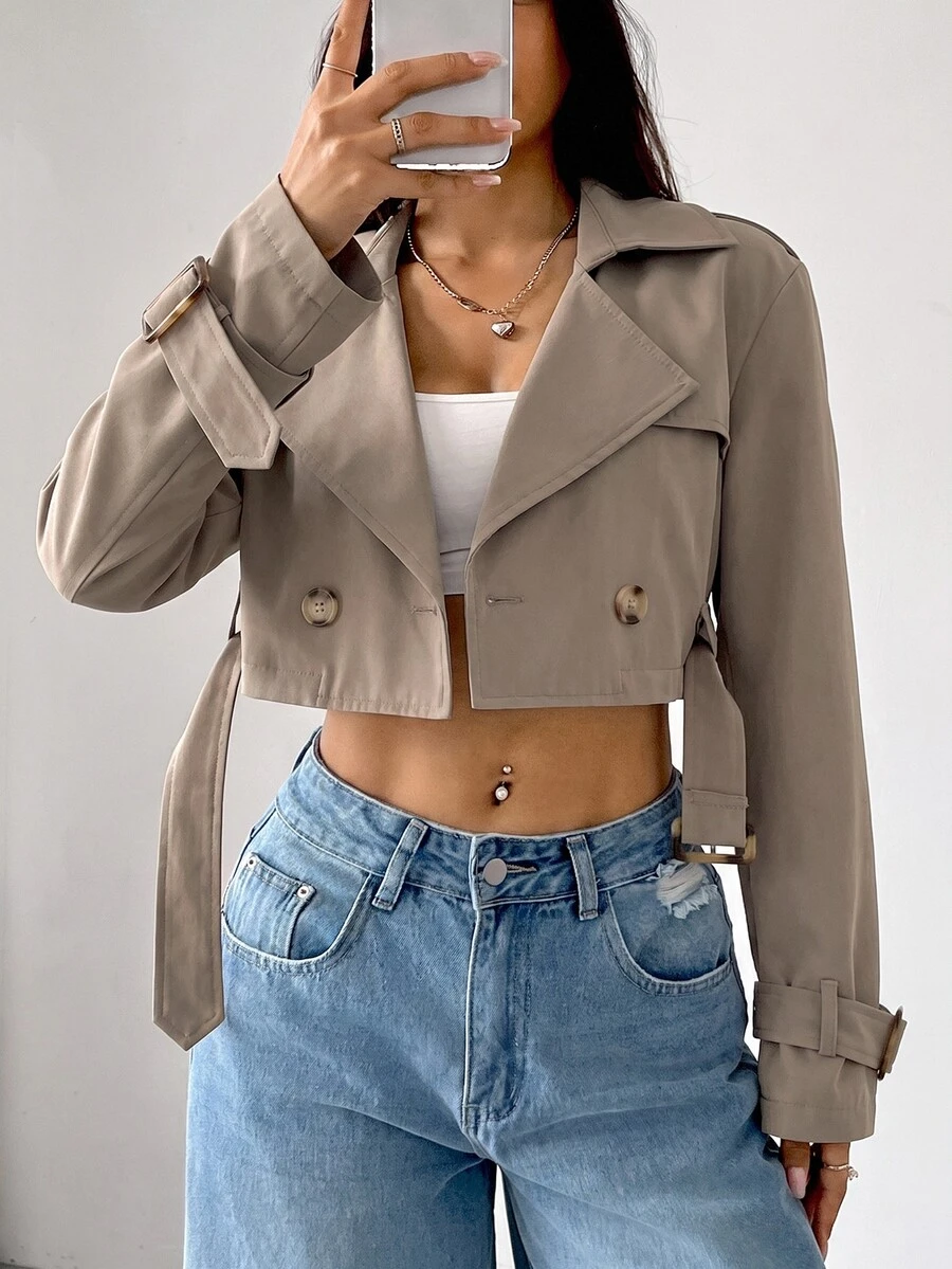 SHEIN EZwear 女款缺口領鈕扣前襟長袖短款風衣，適合秋冬日常休閒穿著 - 卡其色 - 查看 1