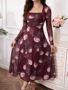 Amorya 女款花卉印花方領長袖優雅洋裝 - 酒紅色 - 查看 6