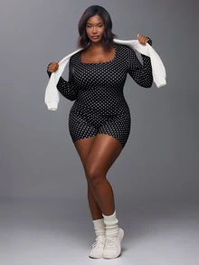 Voyena Women's Plus Size Polka Dot Print Long Sleeve Athletic Romper Fall - Black - View 3