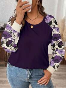 SHEIN LUNE Plus Size Women's Casual Raglan Sleeve Round Neck Loose T-Shirt, Suitable For Spring/Autumn - Purple - View 4