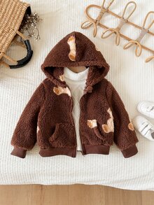 SHEIN LMoss Kids 女嬰休閒純色可愛愛心圖案毛茸茸連帽冬季外套 - 棕色 - 查看 6