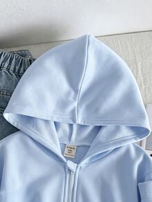 SHEIN Tween女孩寬鬆休閒基礎極簡舒適街頭風連帽修身前短款長袖冬季夾克 白色秋季 - 淺藍色 - 查看 6