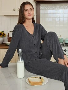 Doze Lane Casual Plush Open Front V-Neck Long Sleeve Long Pants Women's Pajama Set - Dark Grey - View 4