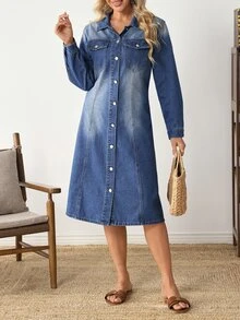 Selenza Plus Size Women's Long Sleeve Single-Breasted Casual Denim Dress - Blue - View 7