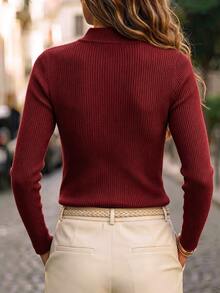 SHEIN New Chinese Style Stand Collar Ribbed Knit Top With Traditional Frog Buttons - Burgundy - View 2