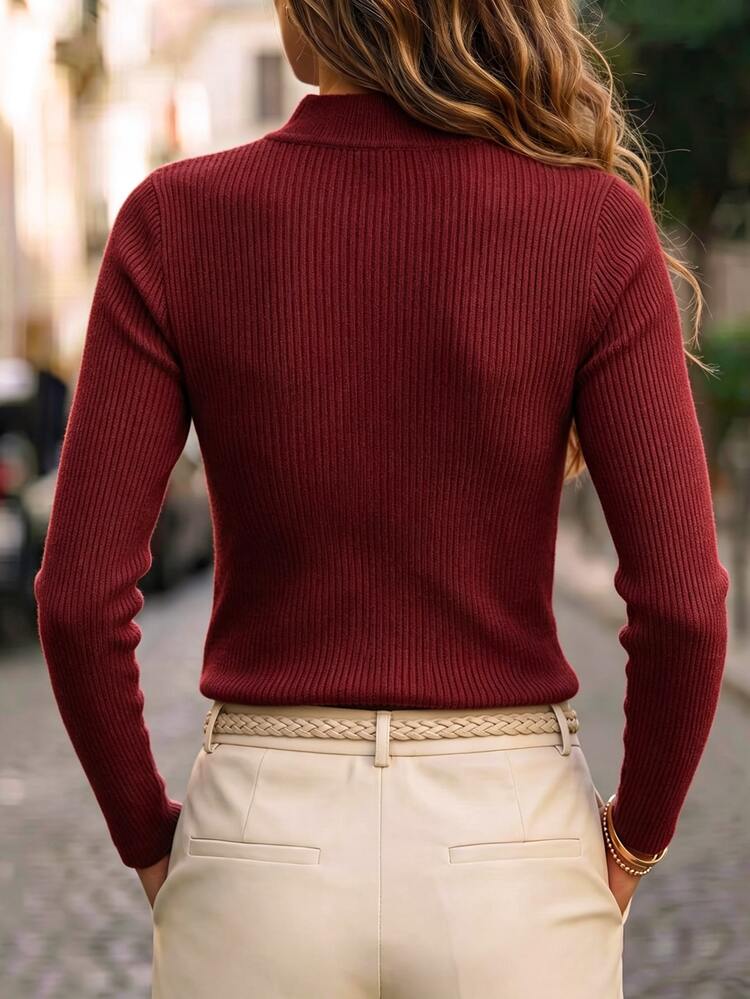 SHEIN New Chinese Style Stand Collar Ribbed Knit Top With Traditional Frog Buttons - Burgundy - View 2