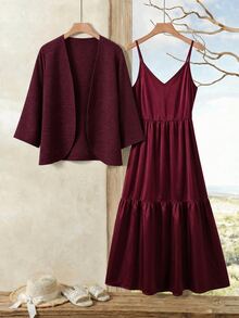Rusticease Women's Solid Color Open Front Jacket And Ruffle Hem Cami Dress Casual 2 Pieces Set - Burgundy - View 3