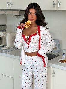 ZzzCrew 3pcs Heart Print Camisole, Long Pants And Lace Trim Robe Pajama Set - Multicolor - View 6